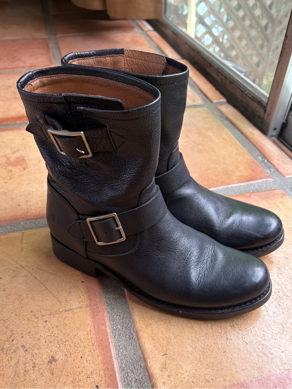 Frye Black Leather Double-Buckle Moto Boots, Size 8 - Picture 3 of 9